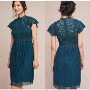 Anthropologie Feather Bone Lace Short Sleeve Dress Teal 10 EUC